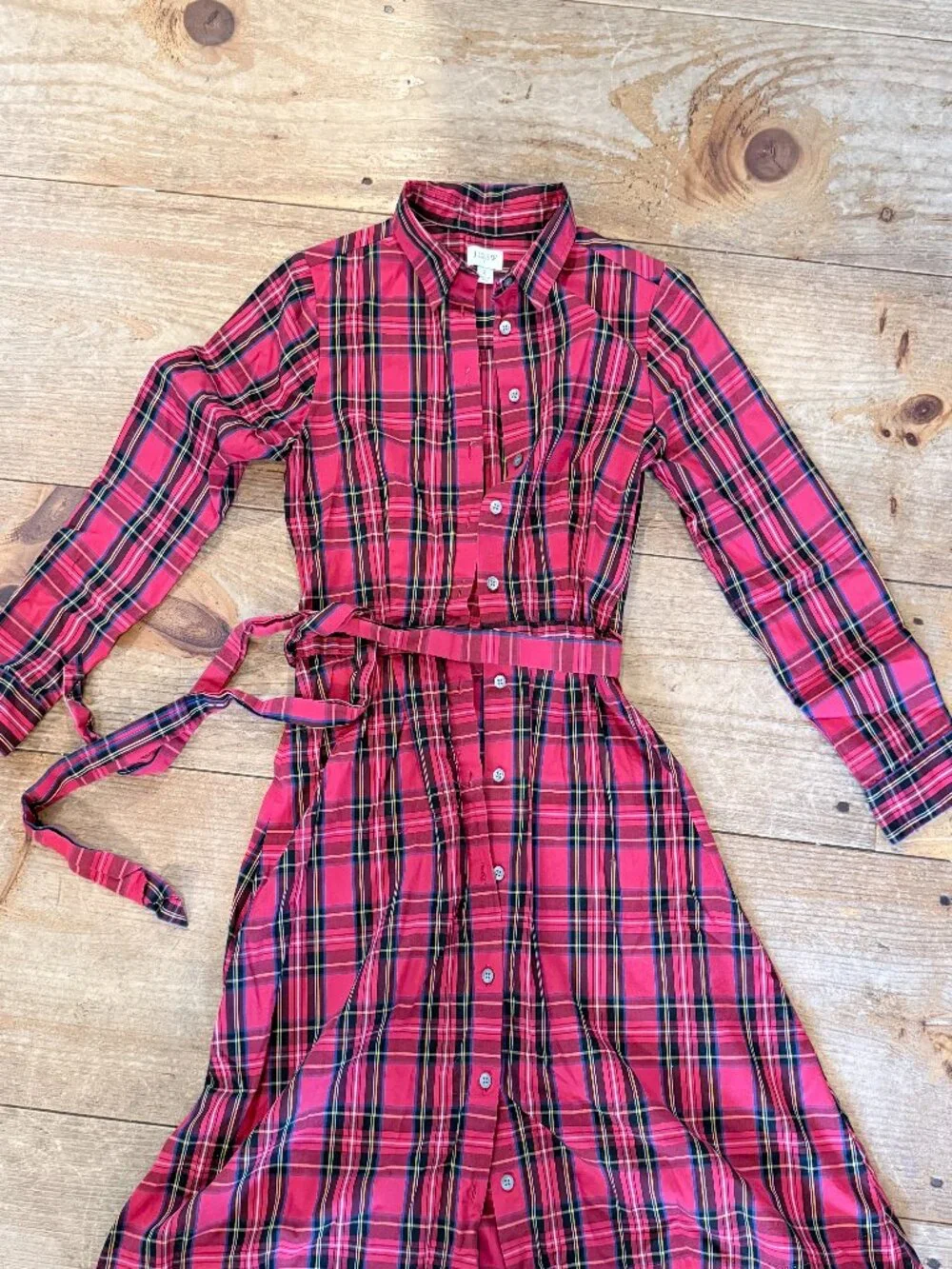 J. Crew Long-sleeve tie-waist shirt-dress in tartan